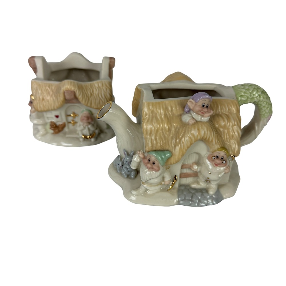 Disney Lenox Seven Dwarfs Cottage Sugar & Creamer Set Ivory China Gold Trim 2004